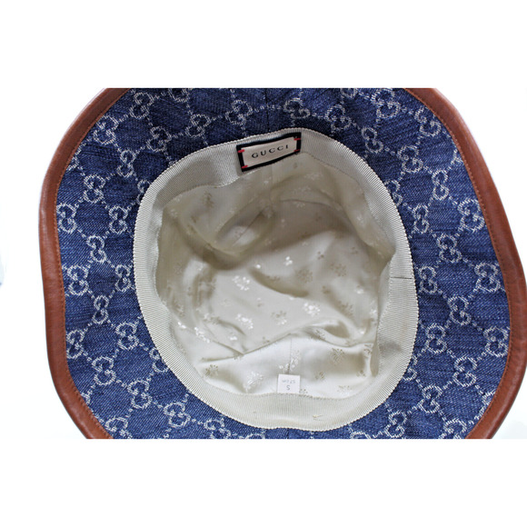 F0 Auth GUCCI Navy Denim Leather Brim LOGO Bucket Hat 576371 $580 Size S - Picture 4 of 5